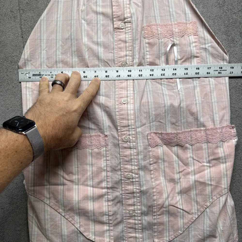 Pink Striped Button Front Halter Apron‎ with Lace Trim Cottagecore Retro Kitchen